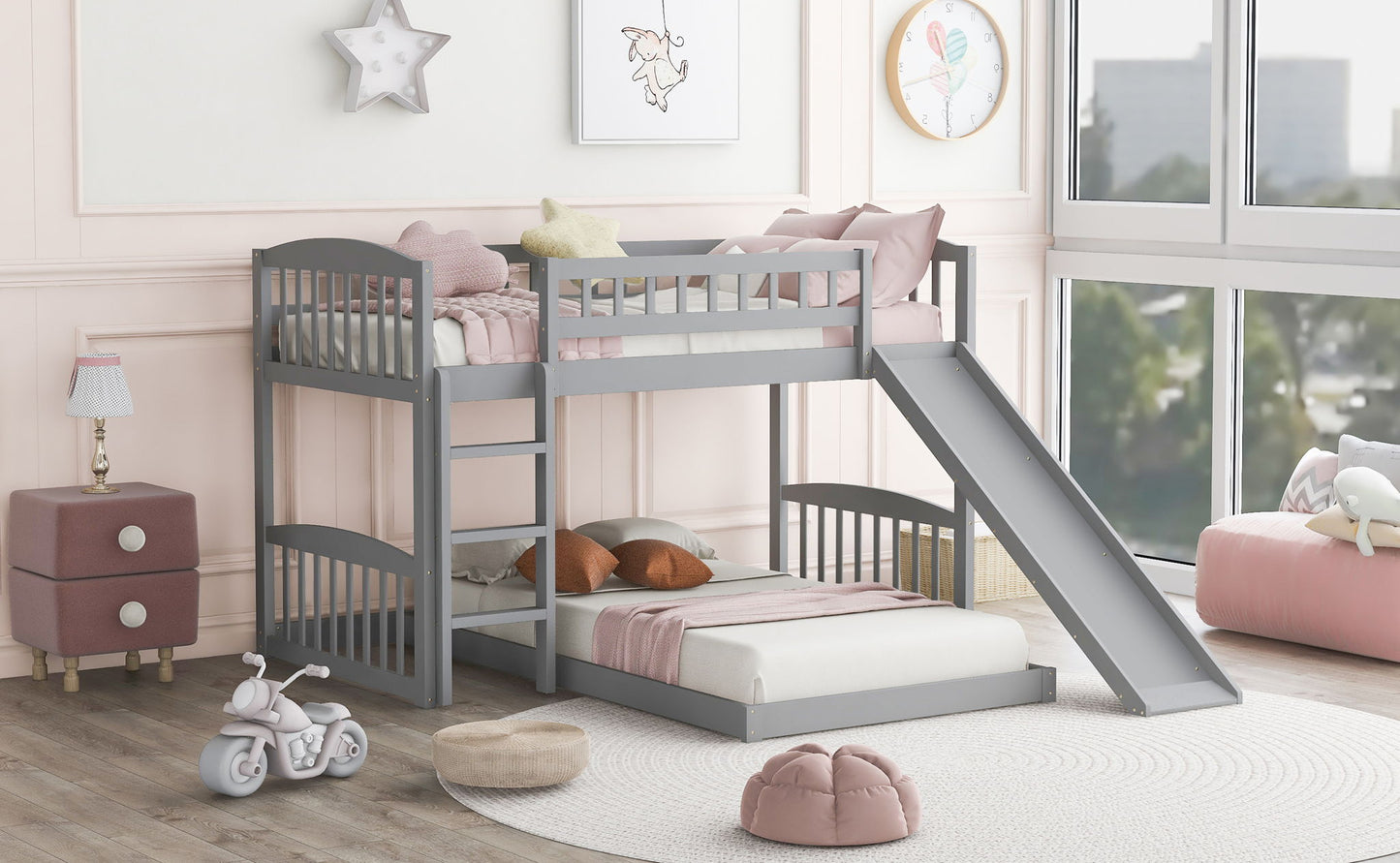 Twin Over Twin Classic Bunk Bed With Slide And Ladder - Gray