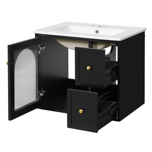 Wall-Mounted Bathroom Vanity Set With Sink, 2 Drawers And Soft-Close Door