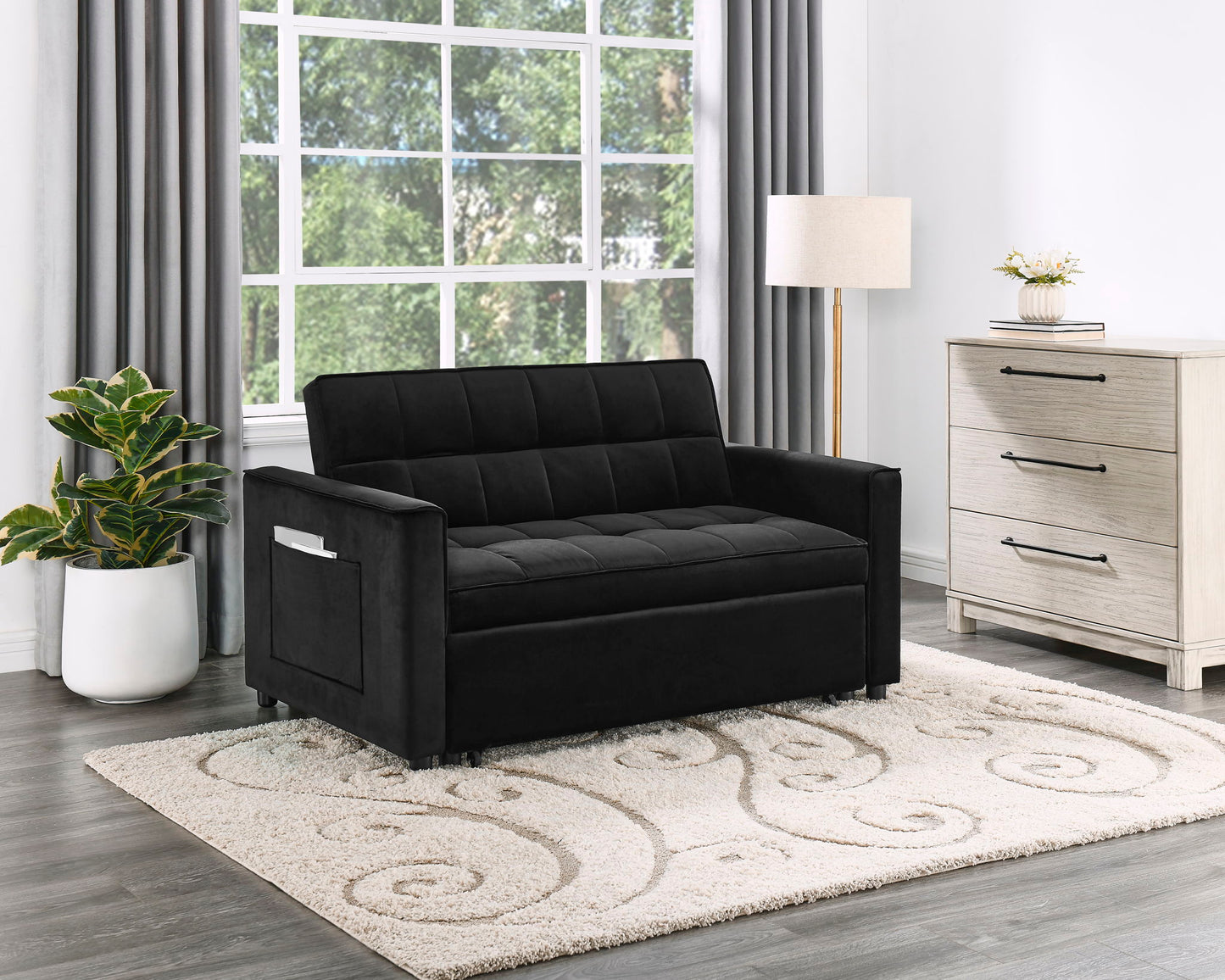 Maeve - Velvet Convertible Sleeper Loveseat With Tufting and Side Pocket - Black
