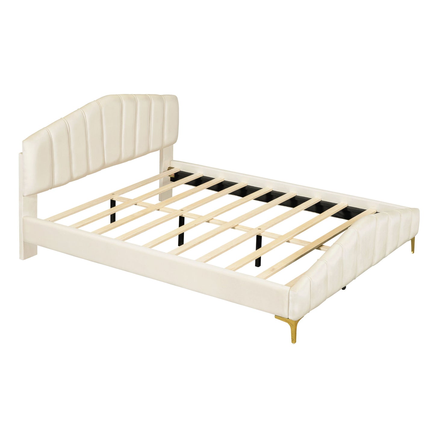 Platform Bed With Thick, Stylish Stripe Decorated Bedboard And Elegant Leg