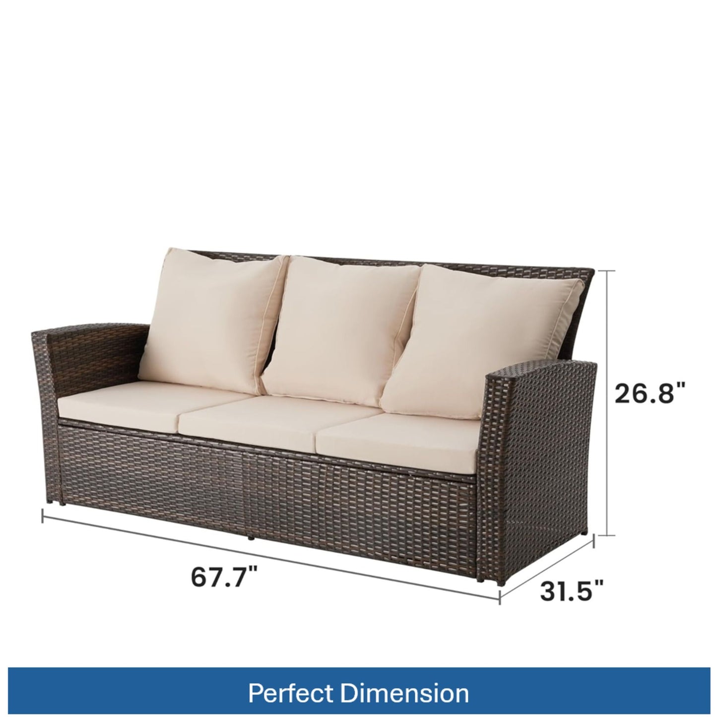 All-Weather Wicker 3 Seat Patio Sofa With Thick Cushions