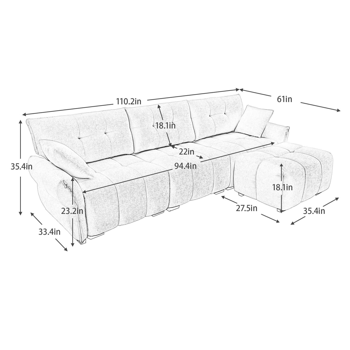 Sofa Set With Ottoman And Pillows, Textured, High Resilience Cushions