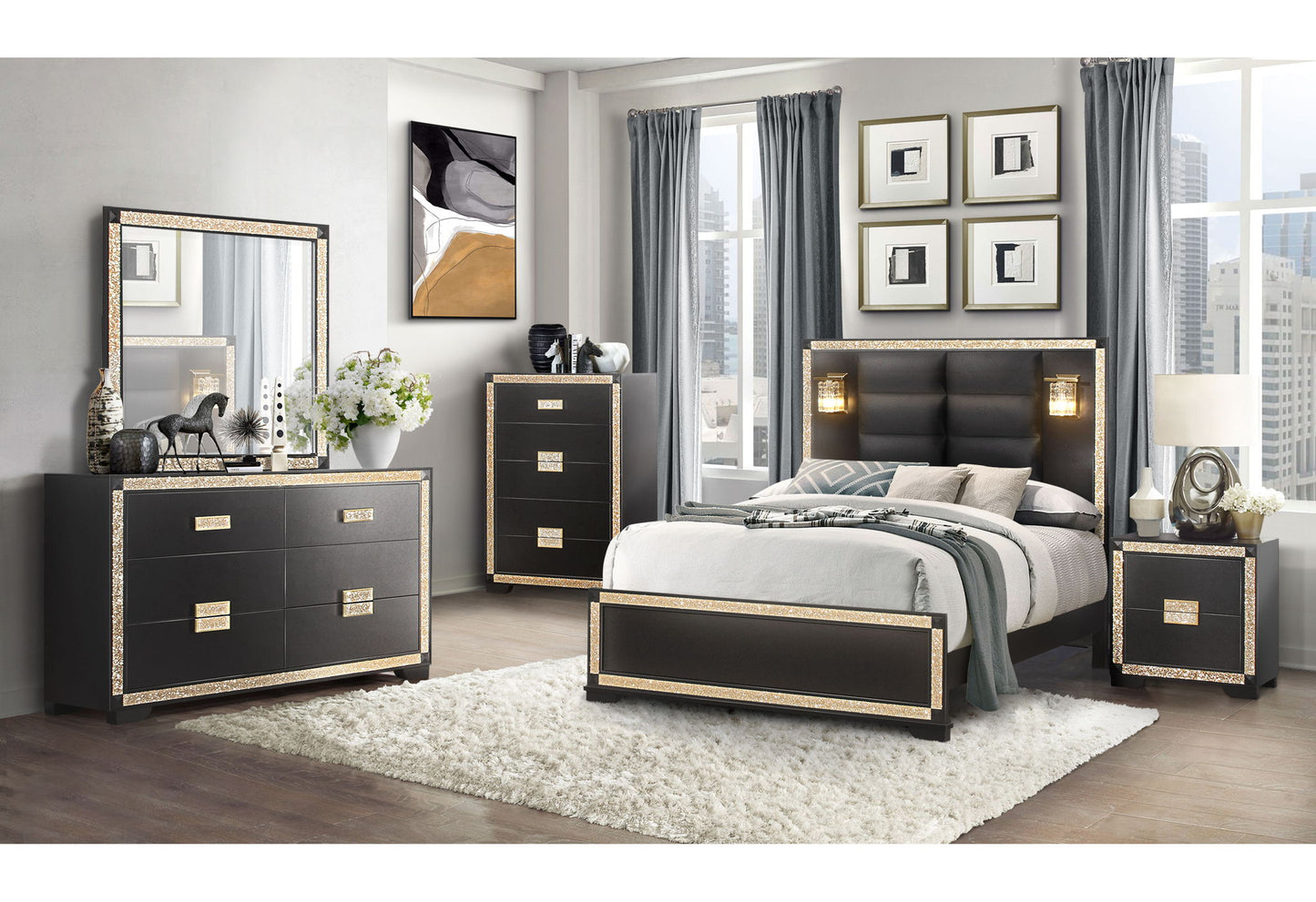 Blake - 4 Piece Full Bedroom Set (Bed With Lamps, Dresser, Mirror, Nightstand) - Black / Gold