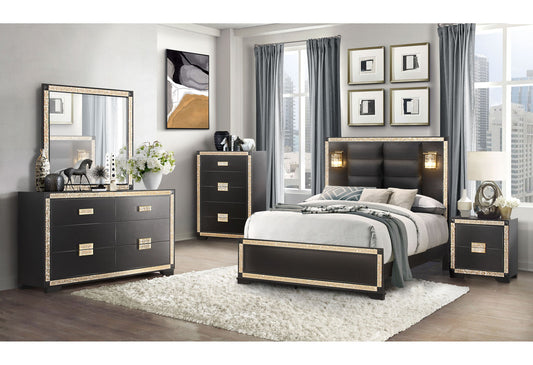 Blake - 4 Piece Full Bedroom Set (Bed With Lamps, Dresser, Mirror, Nightstand) - Black / Gold