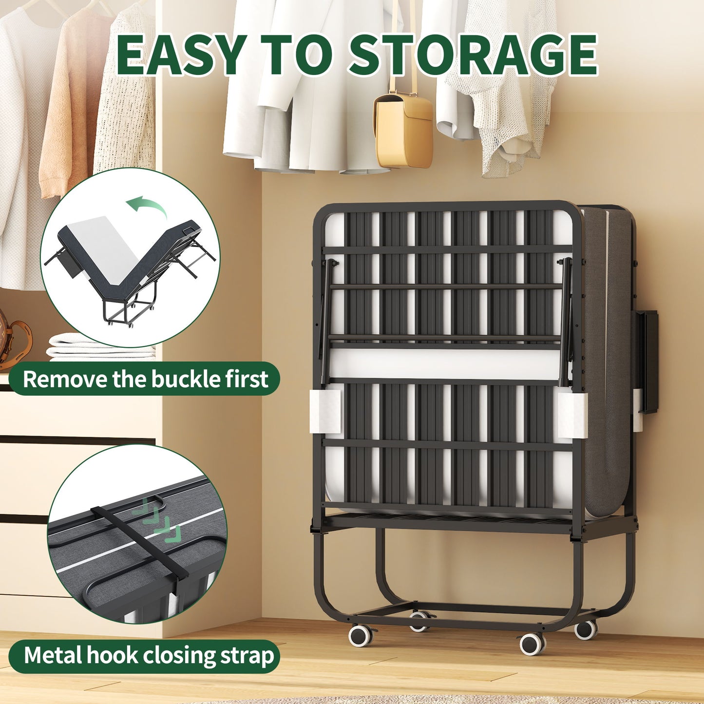 Twin Folding Bed With Memory Foam Mattress, On Wheels, Portable Bed For Adults & Guests - Black