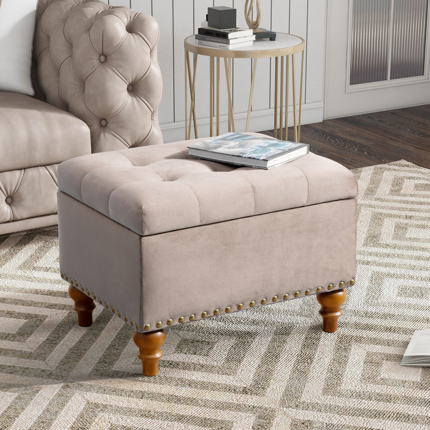 Upholstered Ottoman With Storage And Rivet Trim