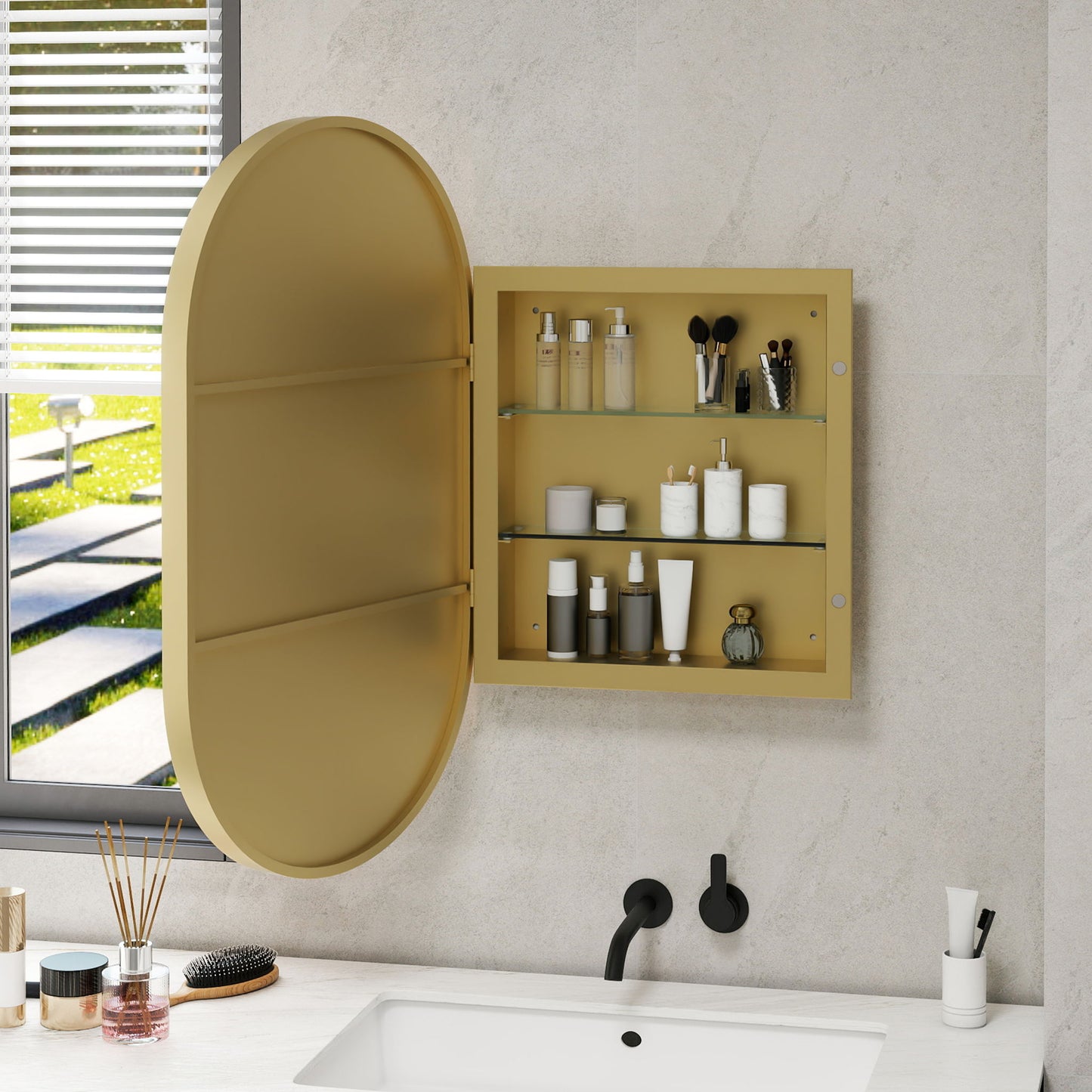 Oval Medicine Cabinet Mirror Bathroom Mirror With Storage Wall Mounted Medicine Mirror Cabinet With LED - Golden