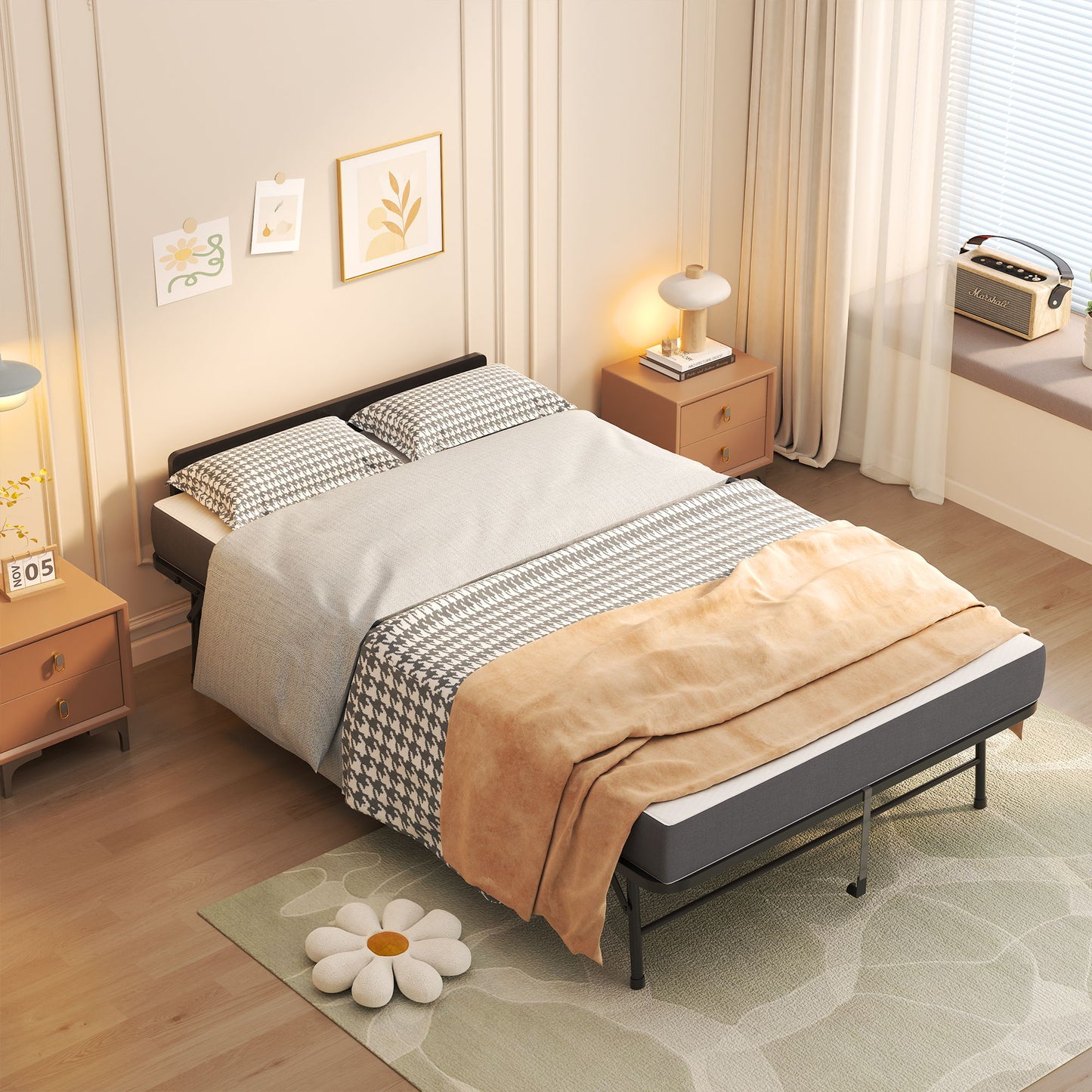 Twin Wide Folding Bed With Adjustable Headboard, Extra Long Rollaway For Tall People, Memory Foam Mattress - Black