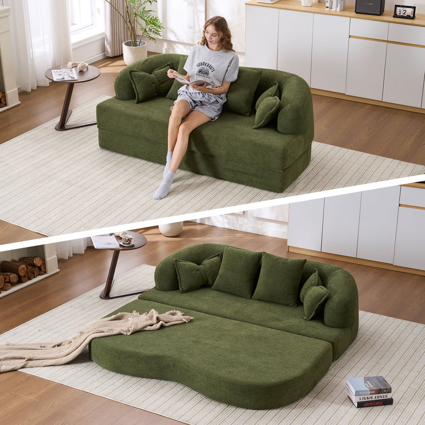 Foldable Sofa Bed, Boneless Couch Convertible Sleeper With 4 Pillows
