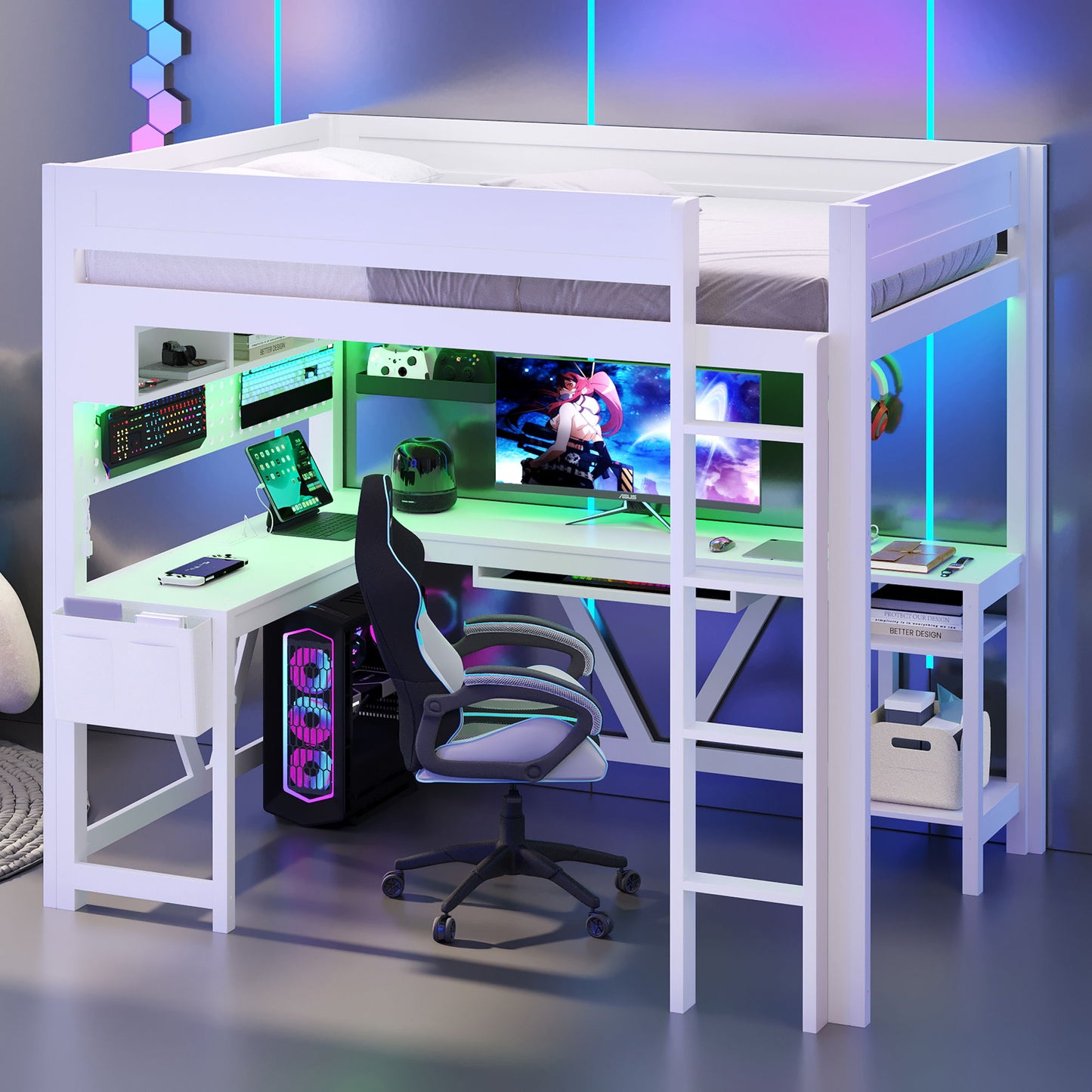 Gaming Loft Bed With Desk, Storage Shelves, LED And Charging Station