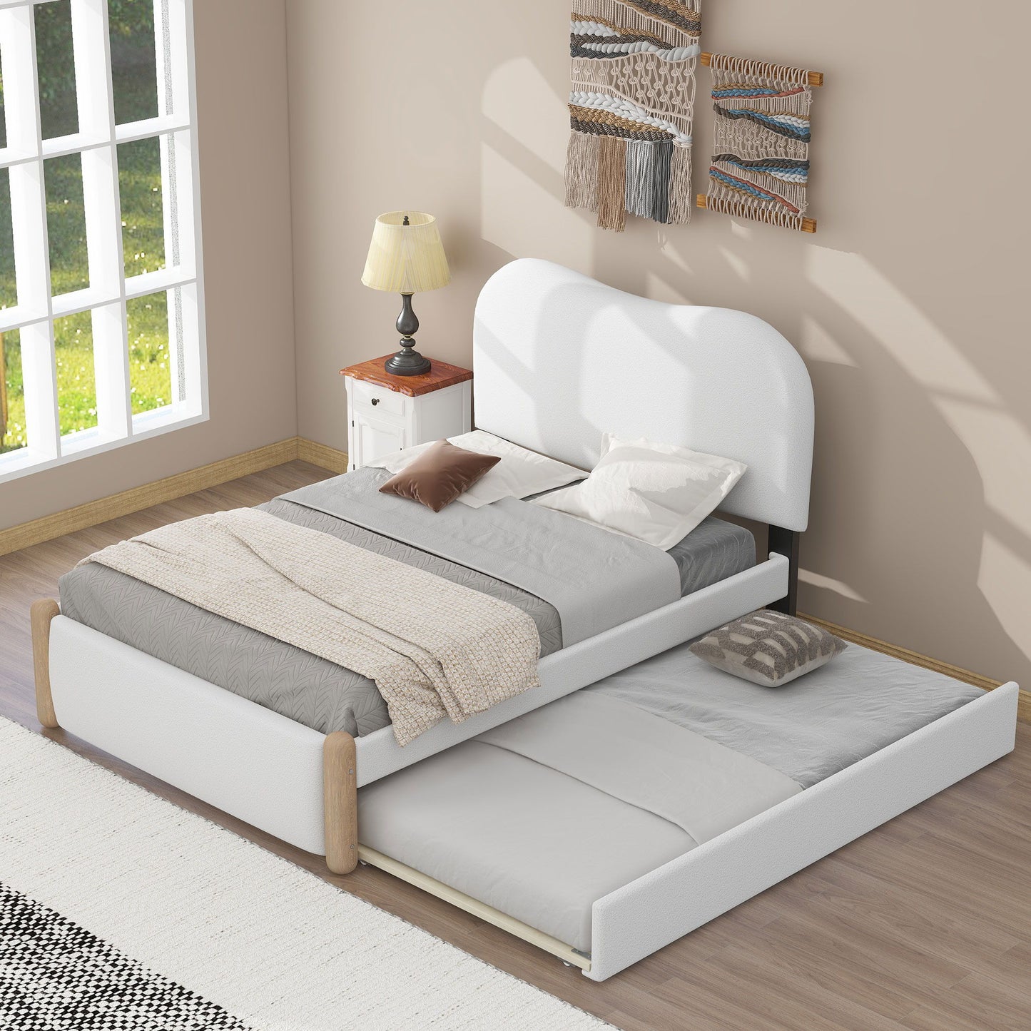 Upholstered Platform Bed With Wood Supporting Feet And Trundle