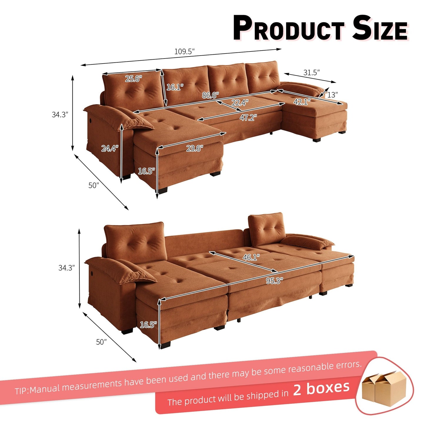 U-Shaped Sleeper Sofa With Pull Out Bed, Removable Armrests & USB Ports For Living Room
