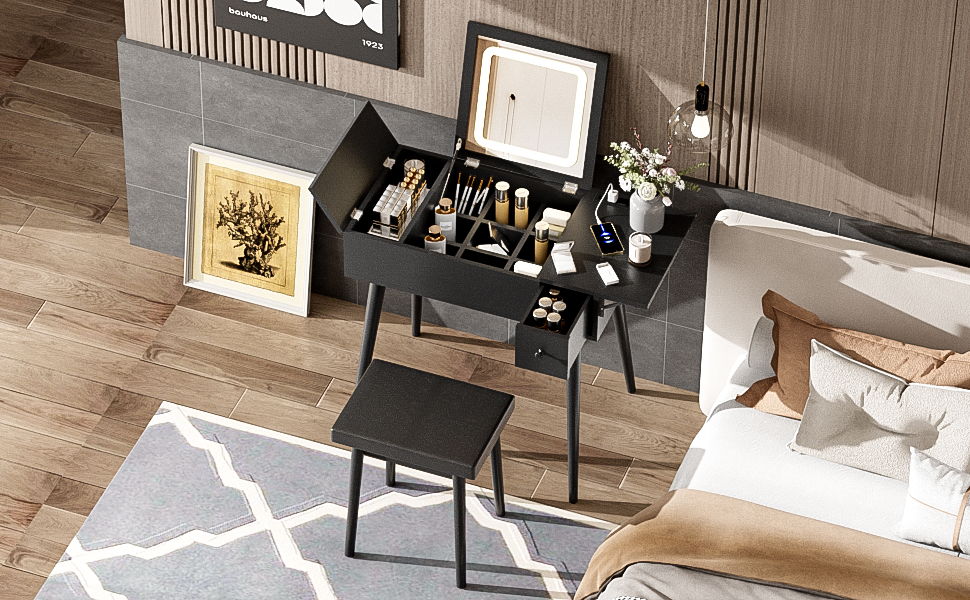 Makeup Vanity Desk With Flip Top Mirror And LED Light, Dressing Table With Charging Station, 2 Drawers And Fold Up Panel, Vanity Set With Cushioned Stool For Bedroom - Black