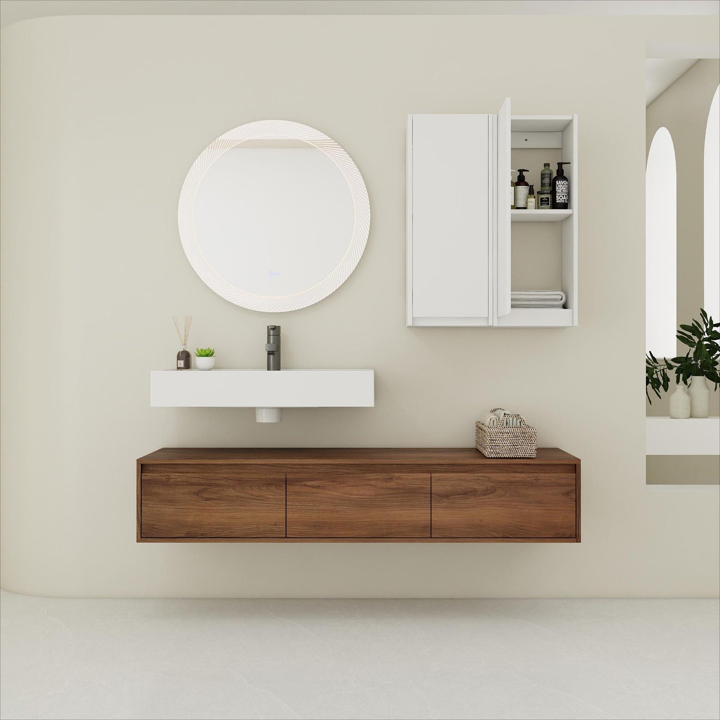 Wall Mounted Bathroom Vanity With Resin Sink And 2 Side Cabinet, 3 Soft Close Drawer - Brown Ebony