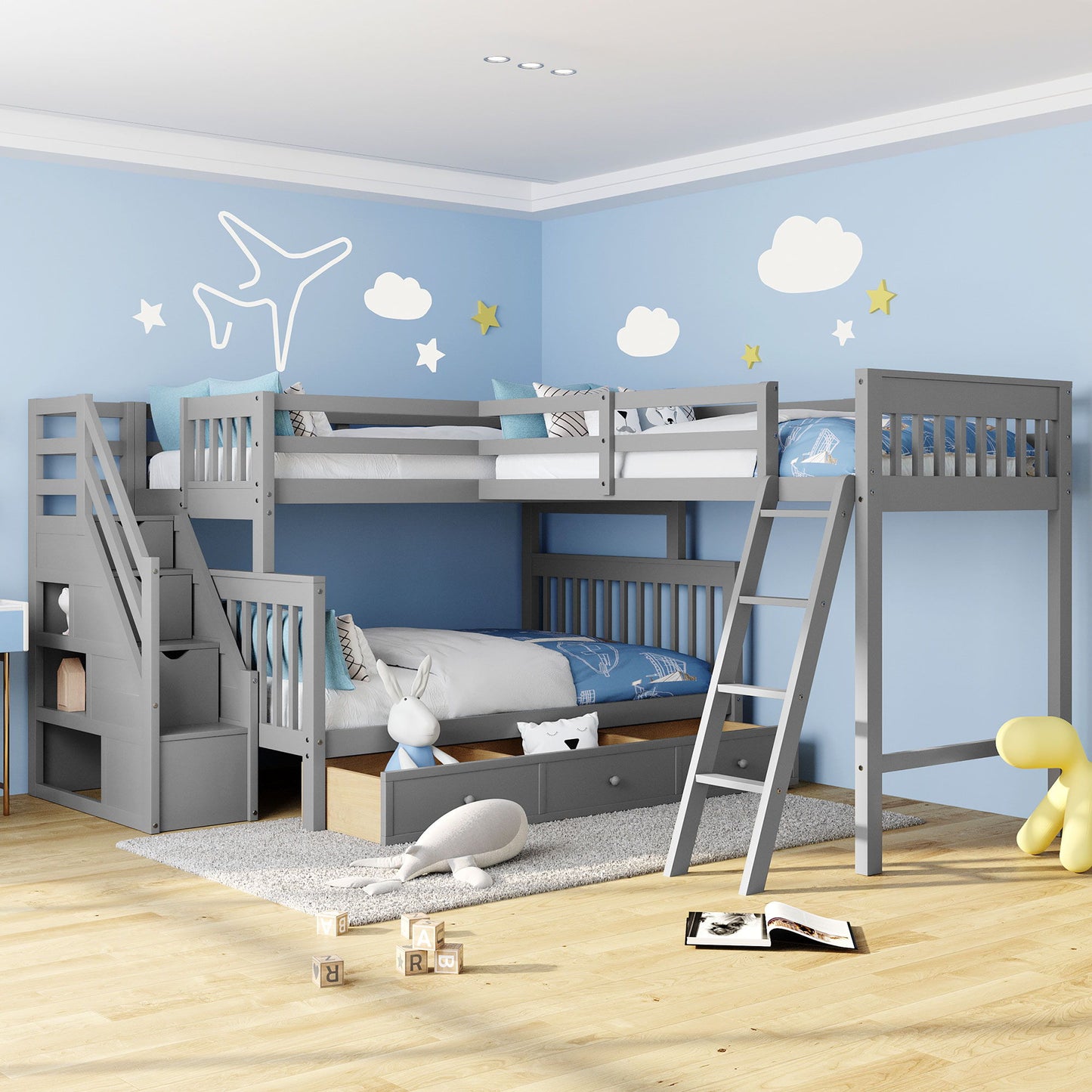 Solid L Shaped Bunk Bed With 3 Drawers, Ladder And Staircase