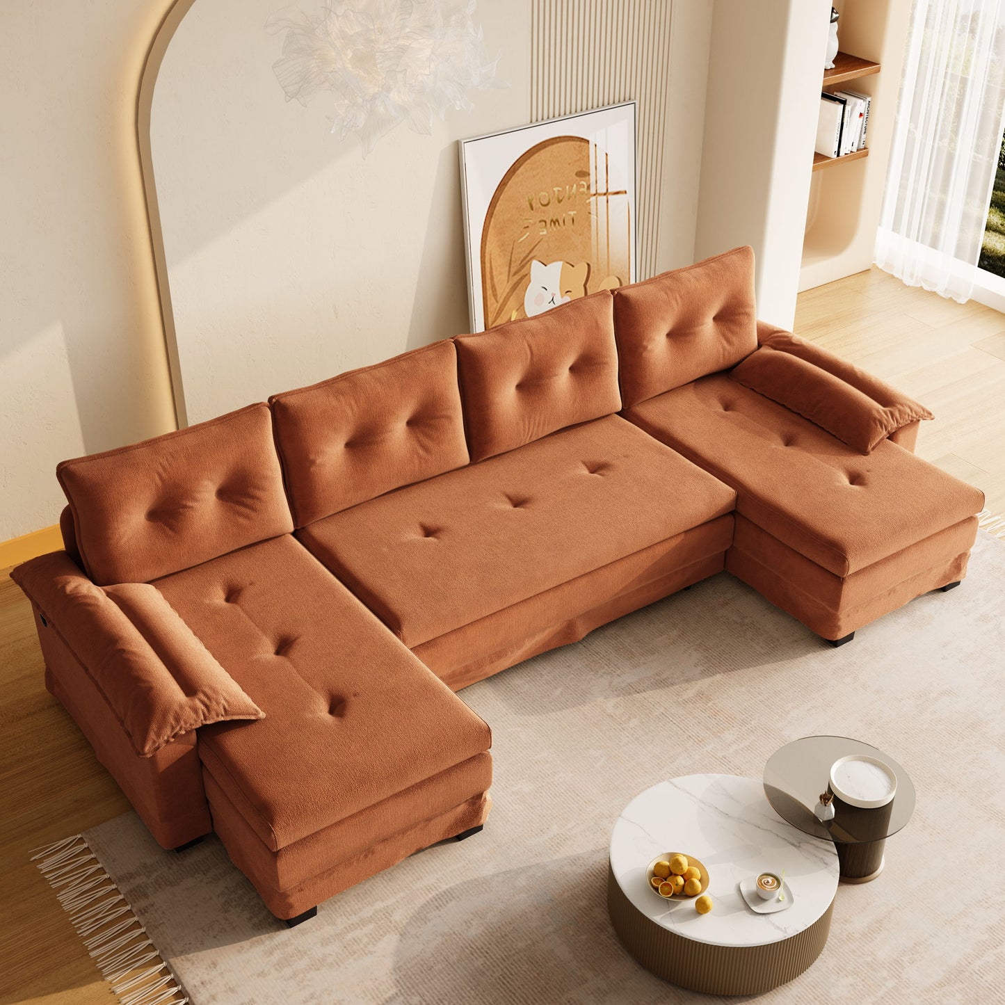 U-Shaped Sleeper Sofa With Pull Out Bed, Removable Armrests & USB Ports For Living Room