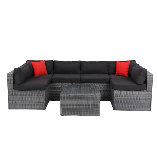 5 Pieces Rattan Sectional Outdoor Furniture Cushioned U Sof Set With 2 Pillow - Gray / Black
