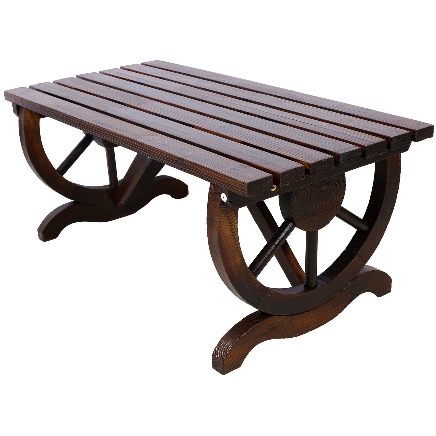 Rustic Wooden Bench With Wagon Wheel Legs For Garden And Patio - Brown