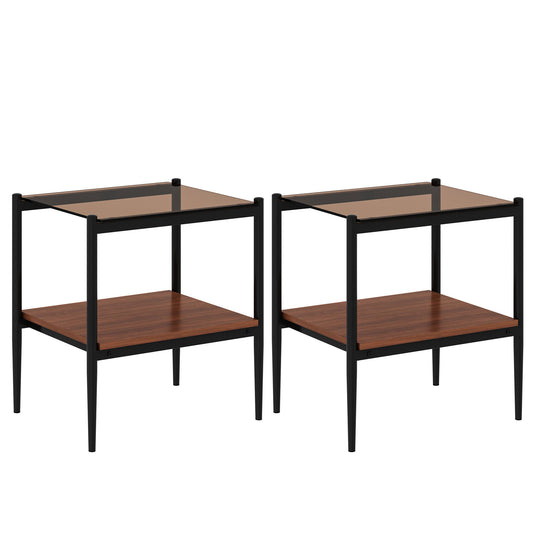 Modern Rectangle End Table (Set of 2) With Tempered Glass Tabletop And Layer - Brown