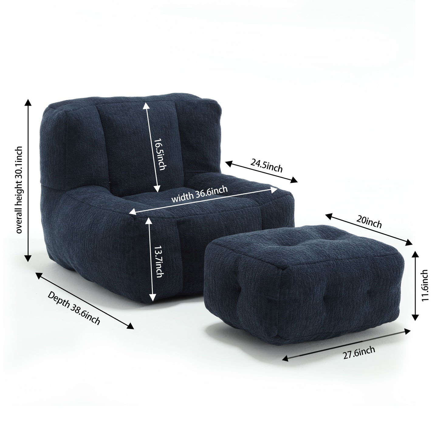 Modern Indoor Fluffy Bean Bag Chair With Memory Foam And Ottoman, Super Soft