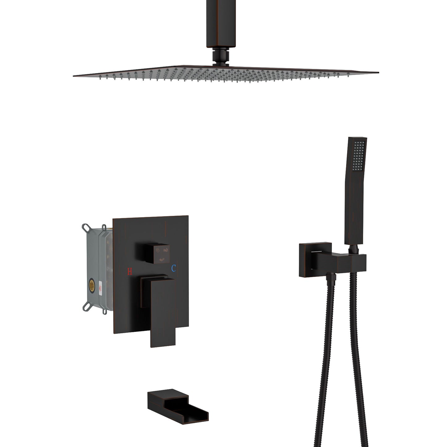 Shower System With Waterfall Tub Spout And 16" Ceiling Mount Square Rain Shower - Oil-Rubbed Bronze