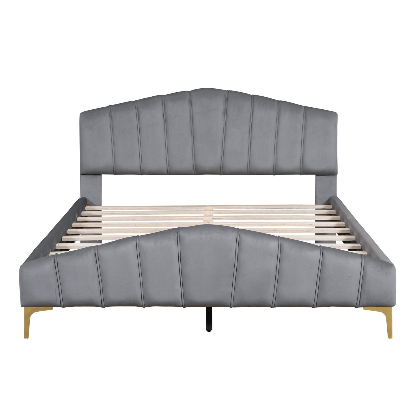 Platform Bed With Thick, Stylish Stripe Decorated Bedboard And Elegant Leg