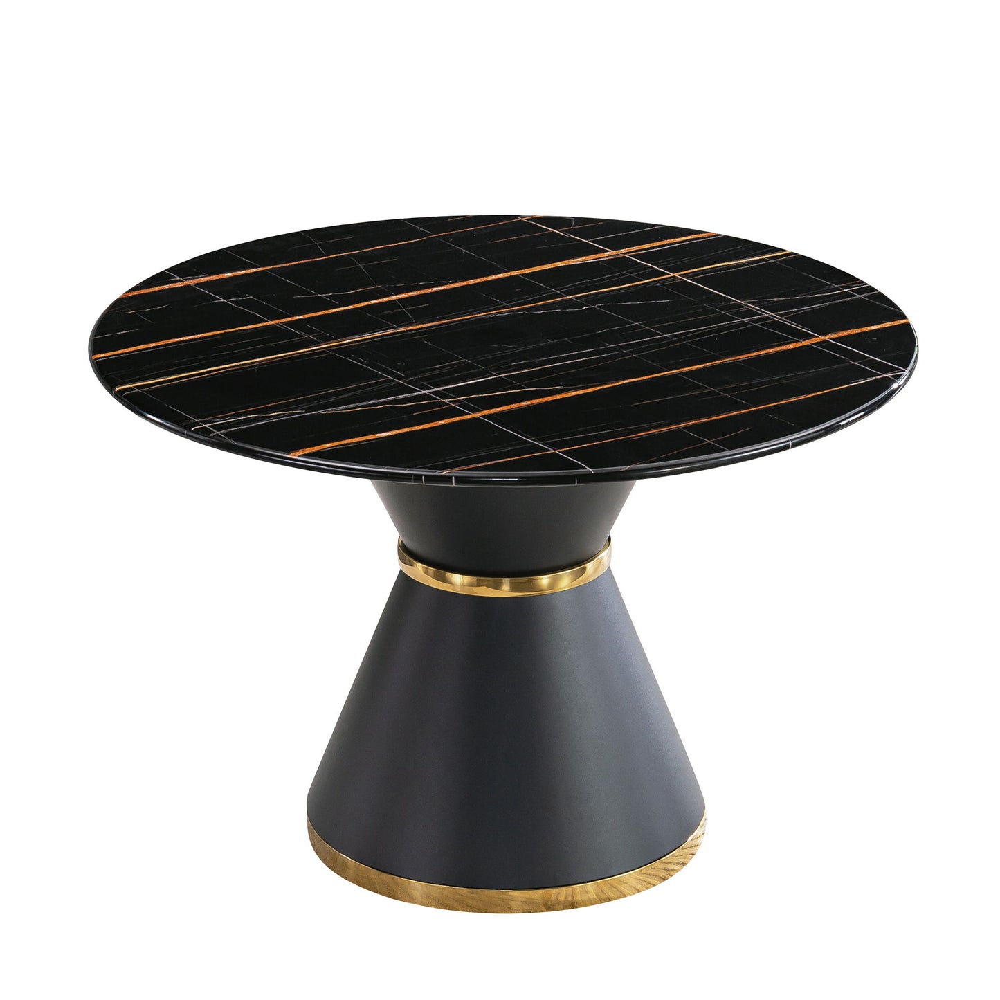 Marble Printed Round Dining Table - Black Columnar Base With Gold Annulus Not Including Chairs - Black