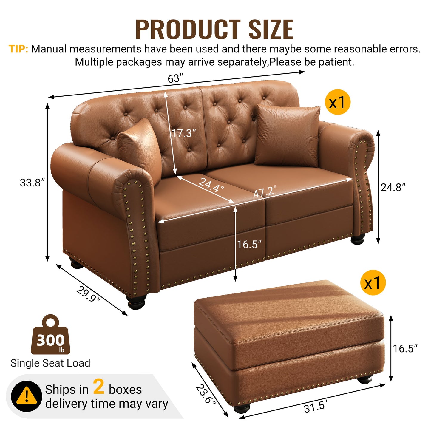 Upholstered Sofa With Nailhead Trim, Rolled Armrests With Ottoman