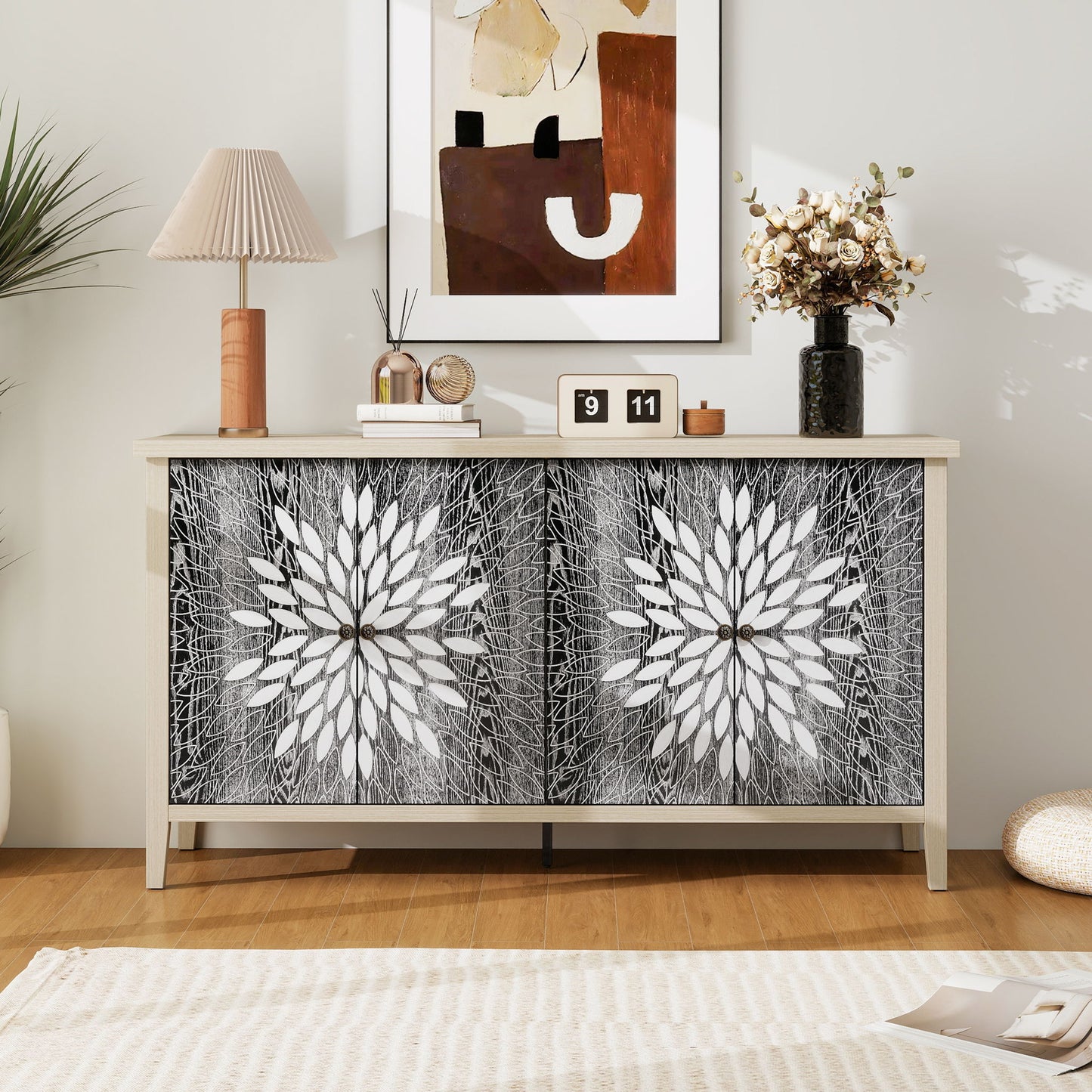 Modern Storage Cabinet With 4 Doors & Adjustable Shelves