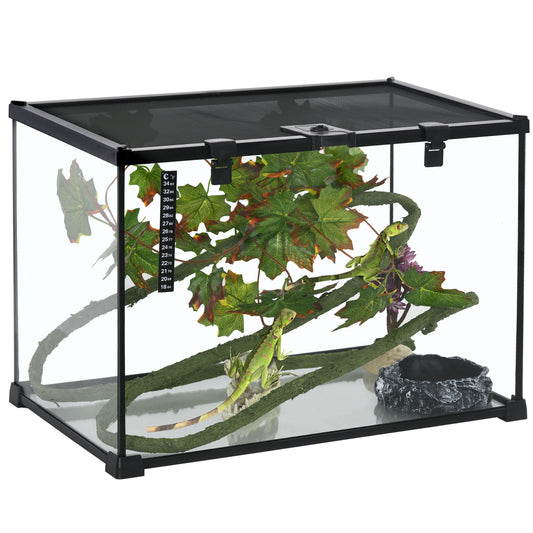 Pawhut - 14 Gallon Reptile Glass Terrarium Tank With Decor Kit Breeding Box Full View With Visually Appealing Sliding Screen Top For Lizards Frogs Snakes Spiders - Black