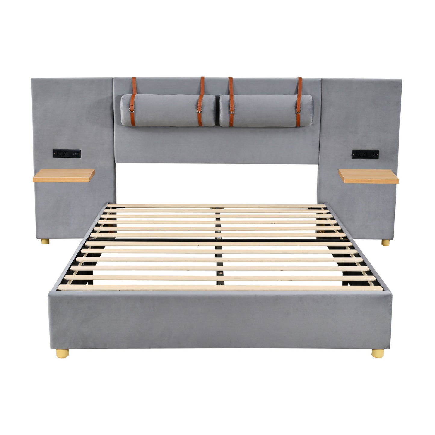 Upholstered Platform Bed, 2 Outlets And USB Charging Ports On Both Sides, 2 Bedside Pillows, Storage Shelves