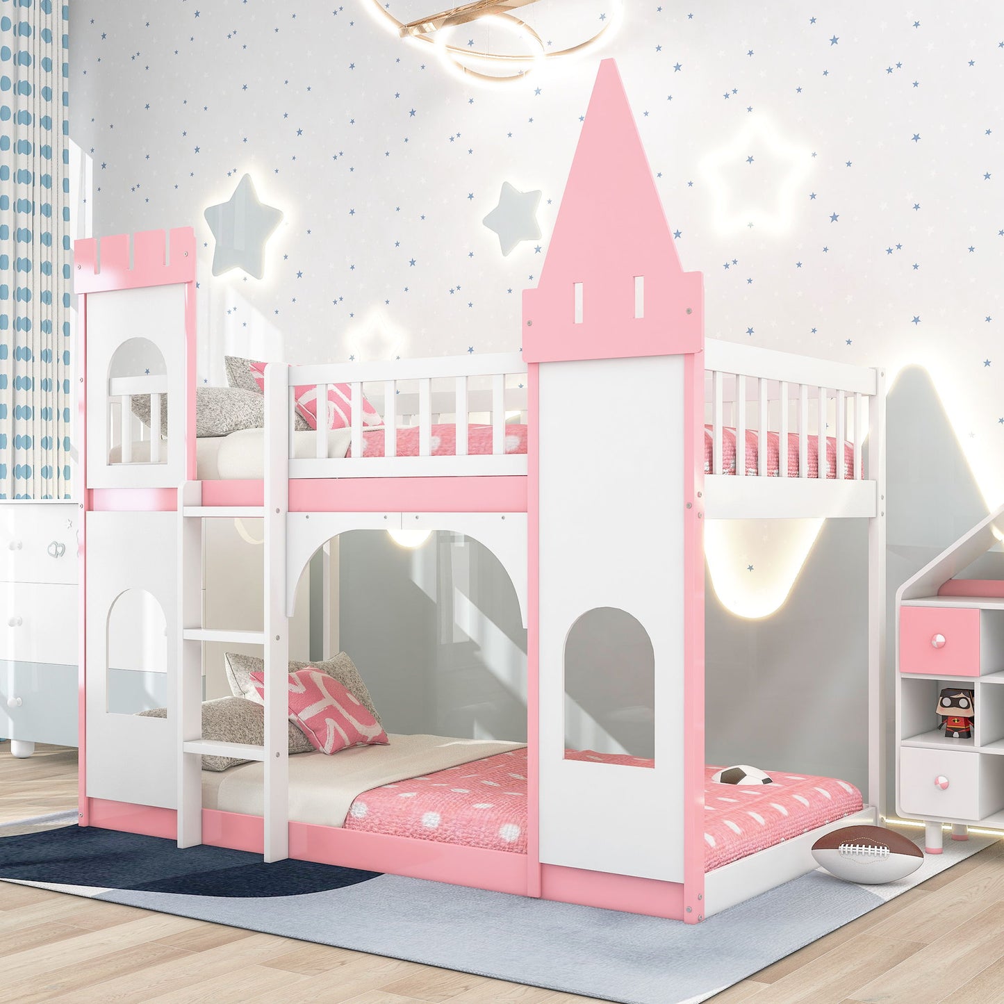 Twin Over Twin Castle Bunk Bed With Ladder - Pink