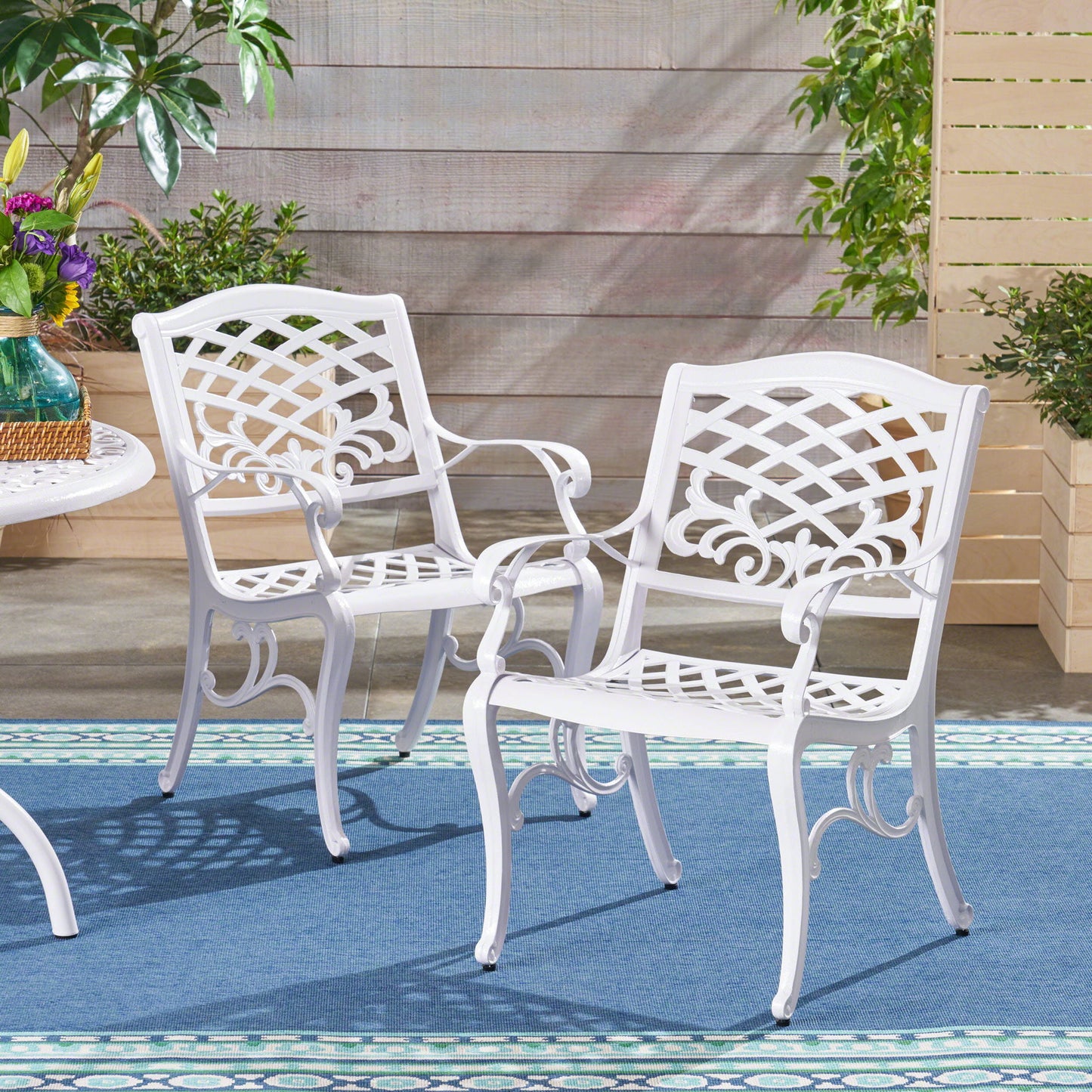 Unravel - Outdoor Arm Chair With Scroll Design And Floral Accents (Set of 2) - White