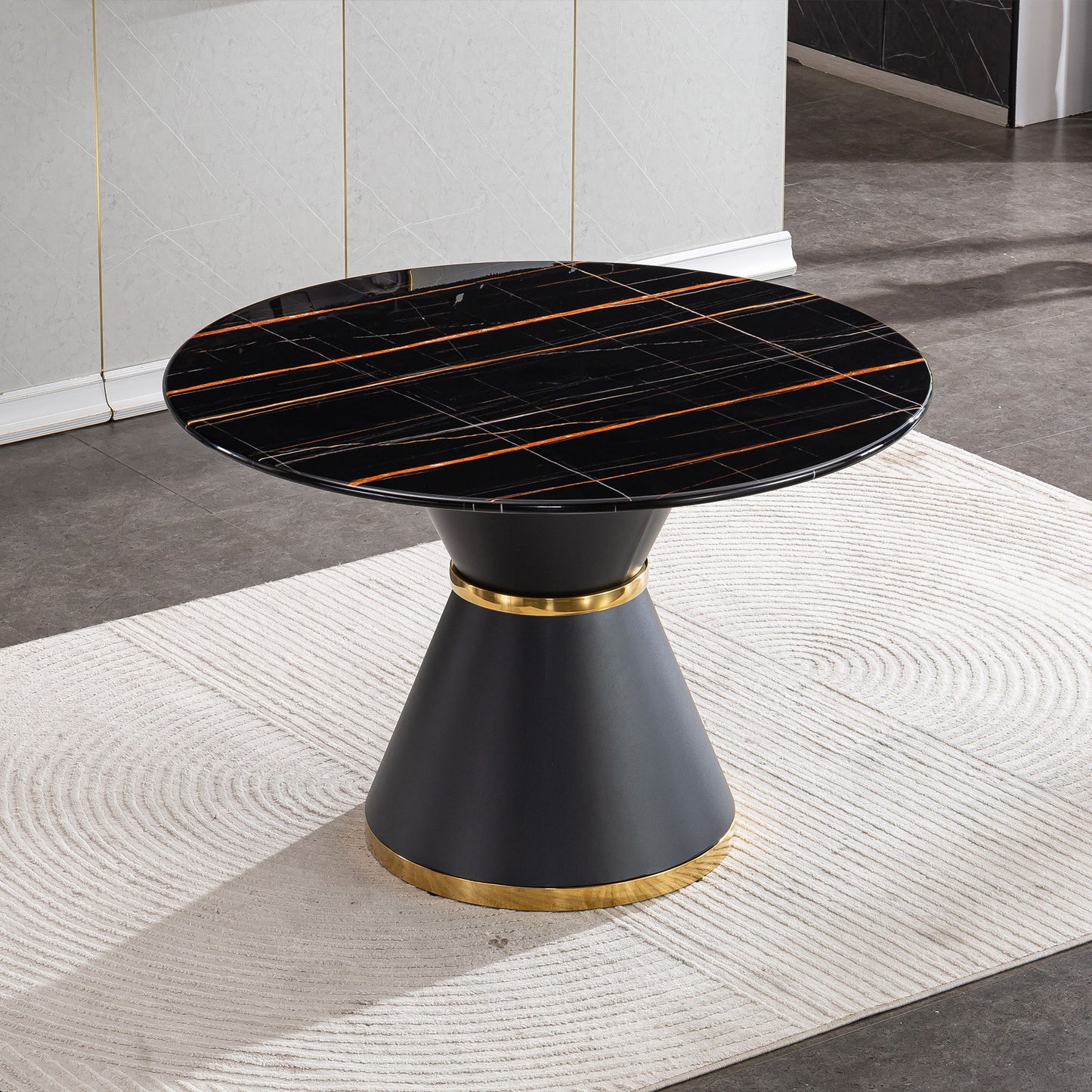 Marble Printed Round Dining Table - Black Columnar Base With Gold Annulus Not Including Chairs - Black