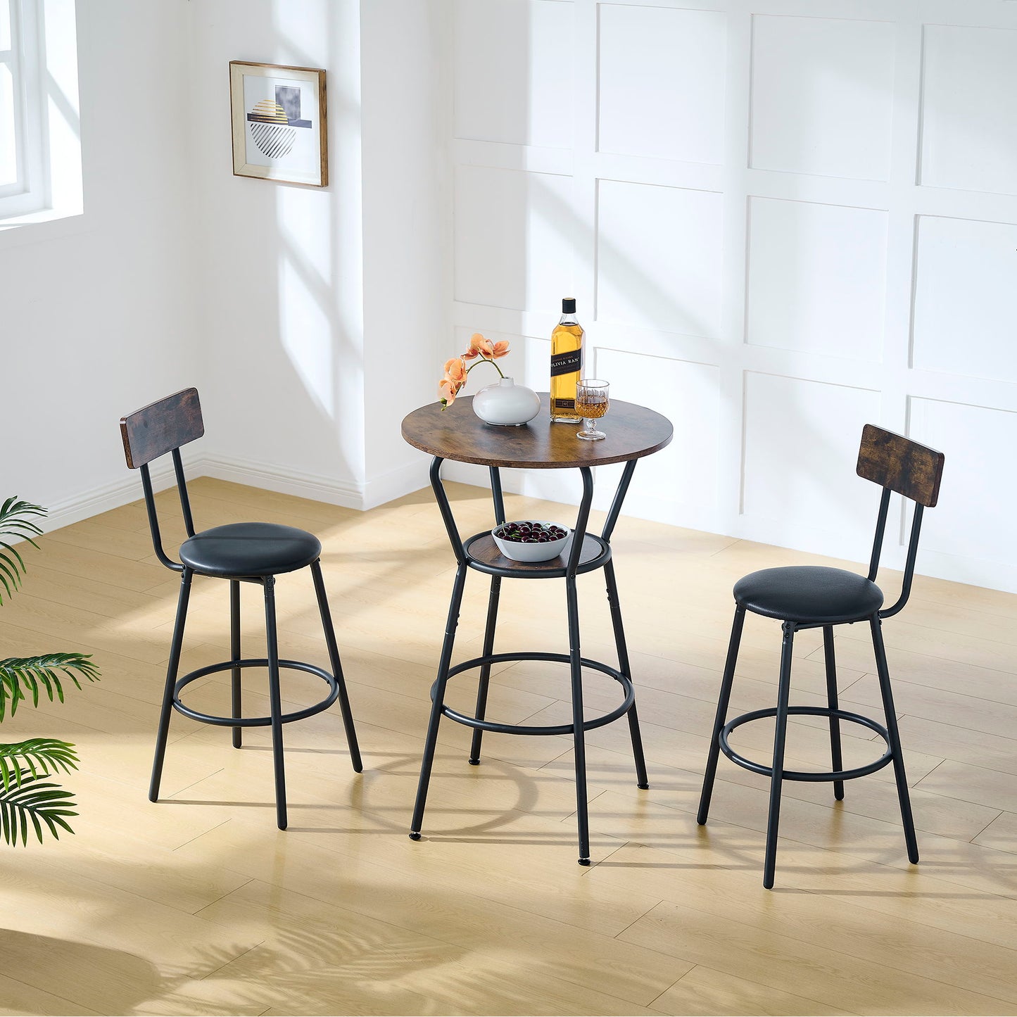 Rustic Brown Round Bar Table And Stool Set With Shelf, Upholstered Stool With Backrest - Antique Brown