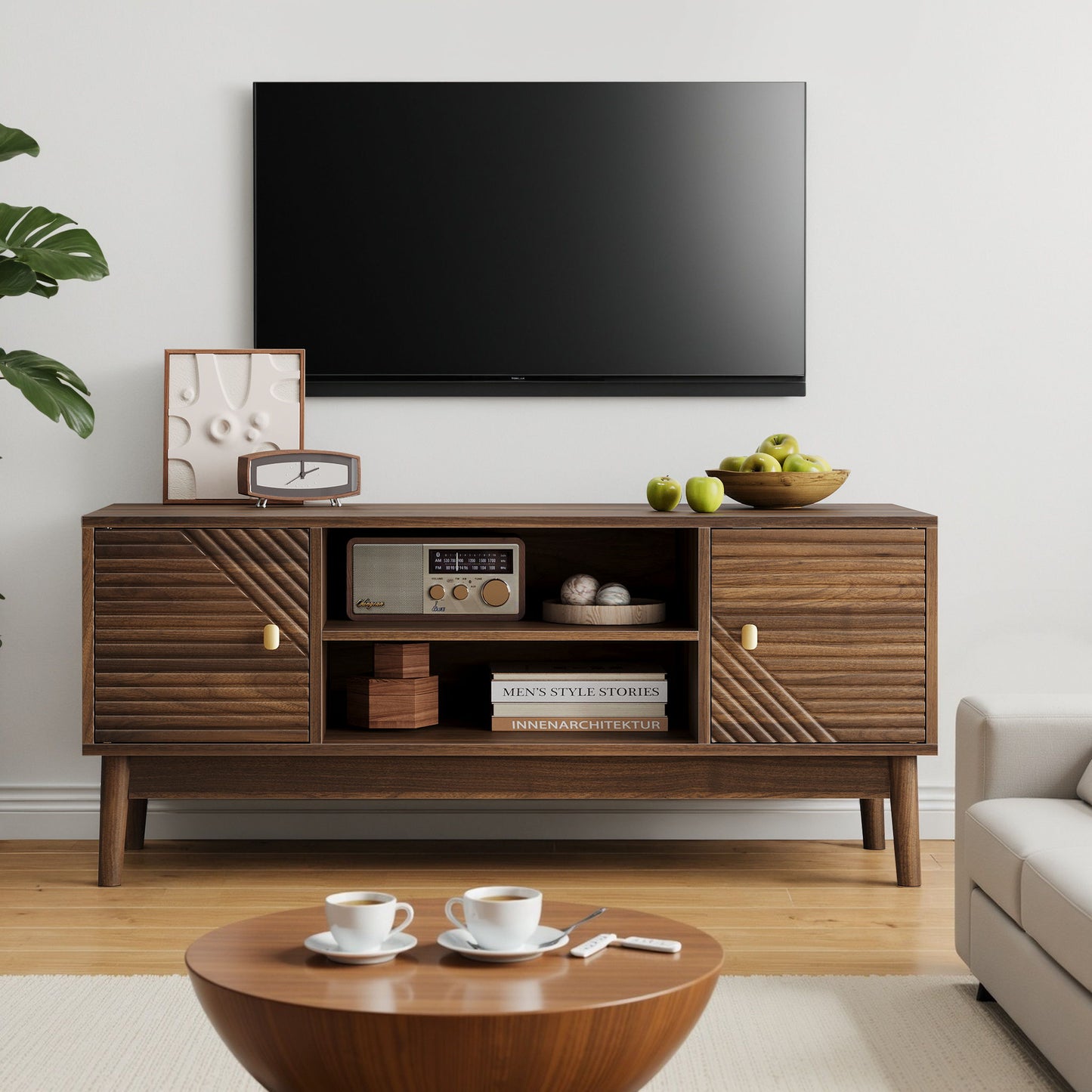 Mid Century Modern TV Stand Entertainment Center With Storage - Walnut