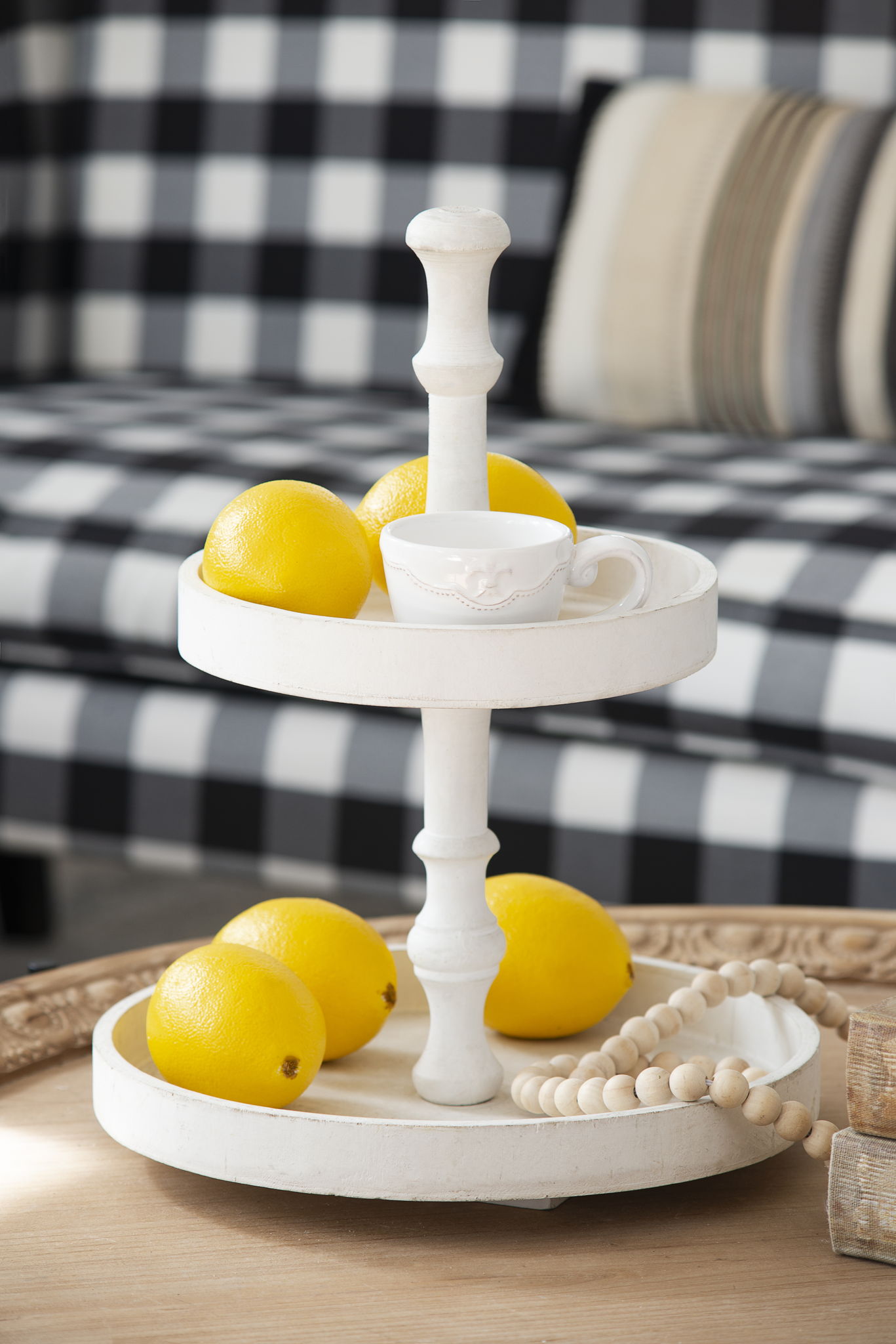 Two Tiered Round Wooden Tray - White