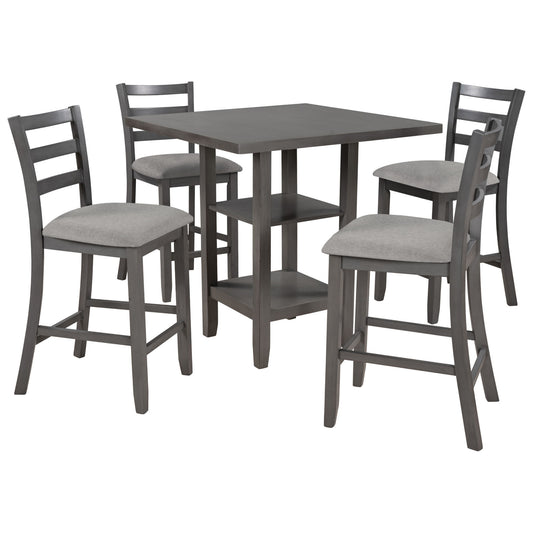 5 Piece Wooden Counter Height Dining Set With Padded Chairs, Storage Shelving