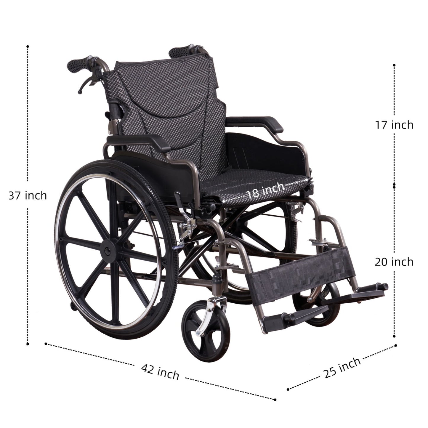 Lightweight Wheelchair Foldable For Adults, Manual Transport Chair With Double Brakes