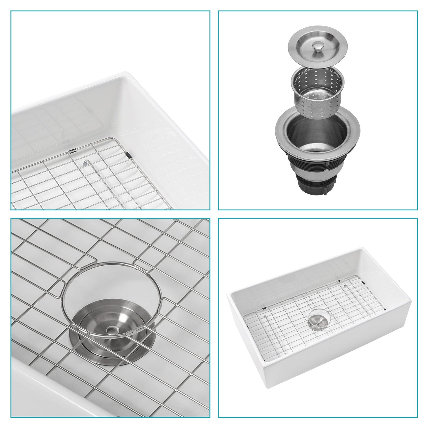 33" Undermount Sink With Apron Front, Single Bowl, Grid - White