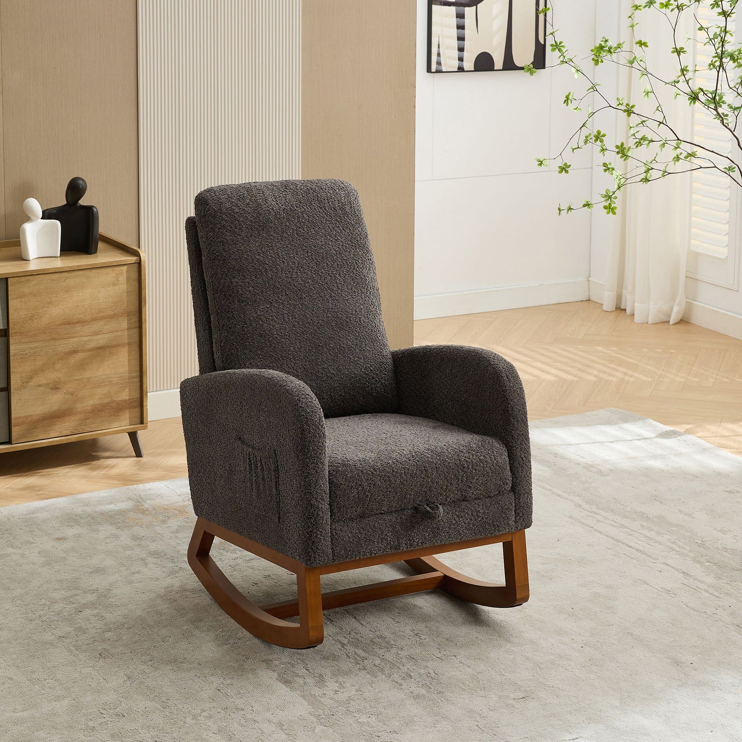 Rocking High Back Glider Chair With Retractable Footrest, Side Pocket
