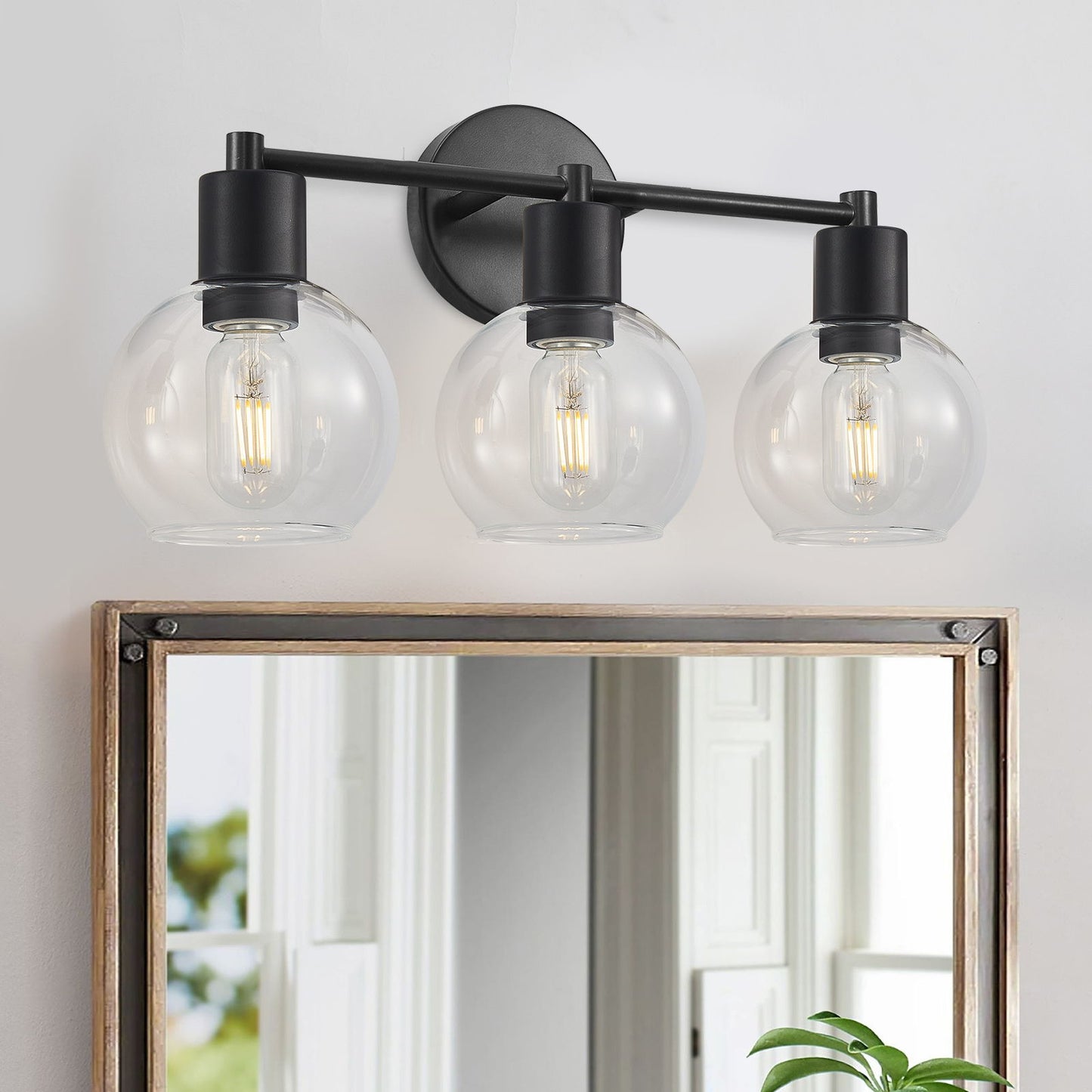 3 Light Globe Bathroom Vanity Light With Clear Glass Shades - Black