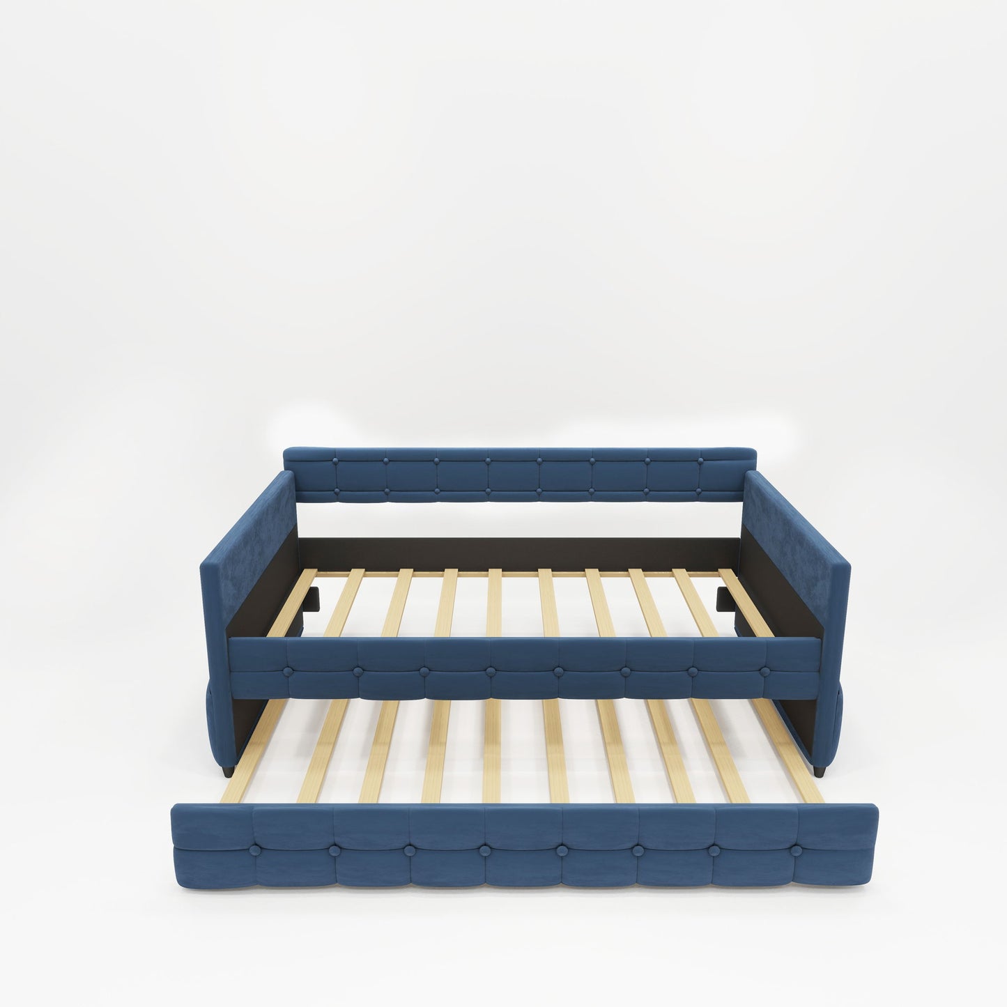 Upholstered Twin Size Daybed Bed Frame (Corner Bed) With Trundle, Velvet Fabric, Studding Design, No Box Spring Required