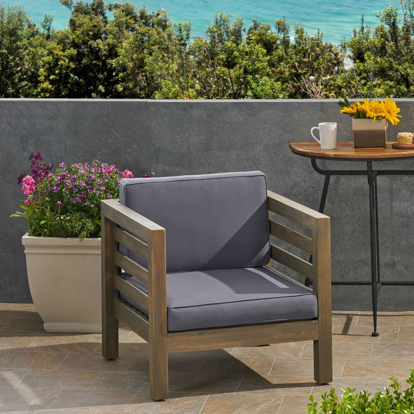 Outdoor Acacia Wood Patio Chair With Fabric Cushion