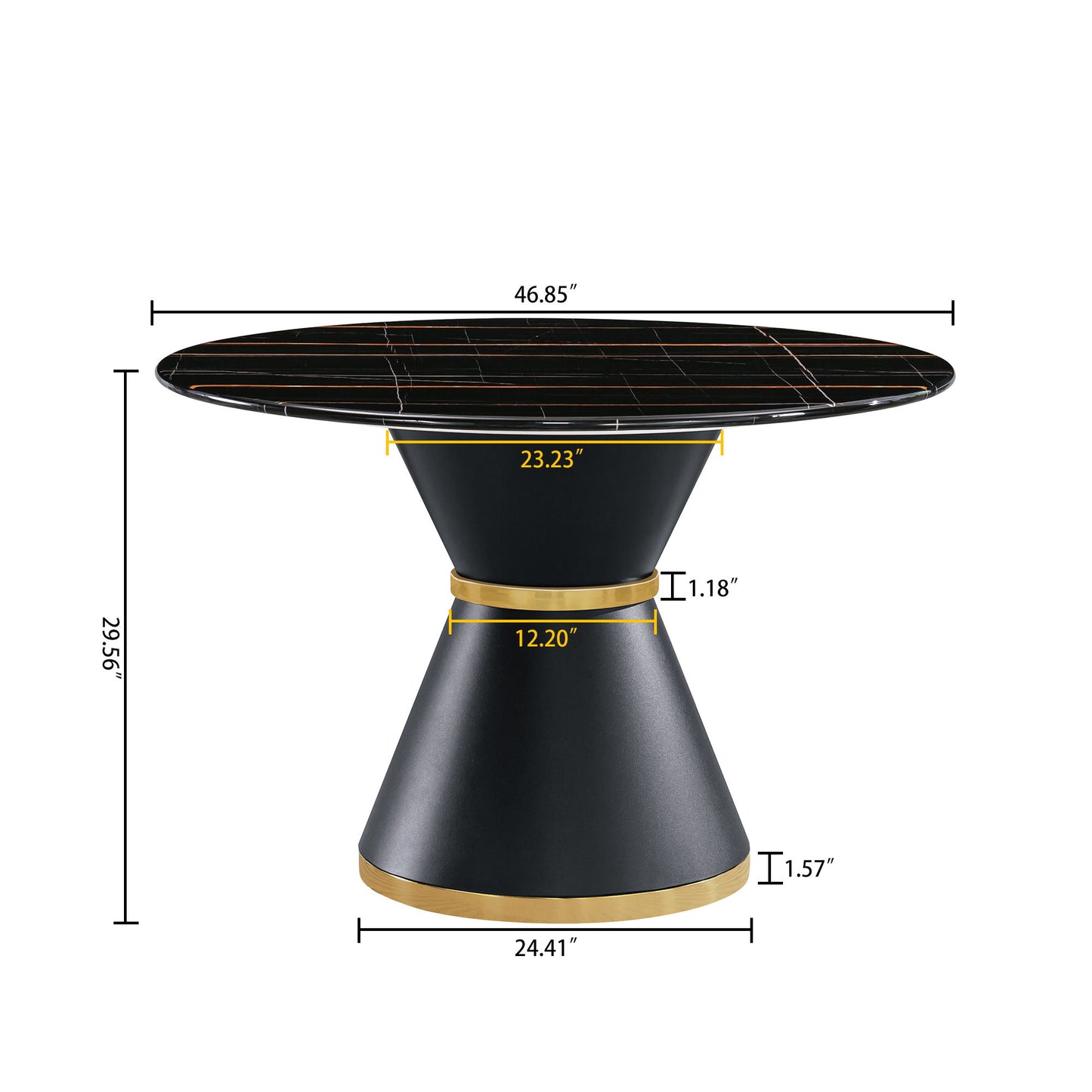 Marble Printed Round Dining Table - Black Columnar Base With Gold Annulus Not Including Chairs - Black