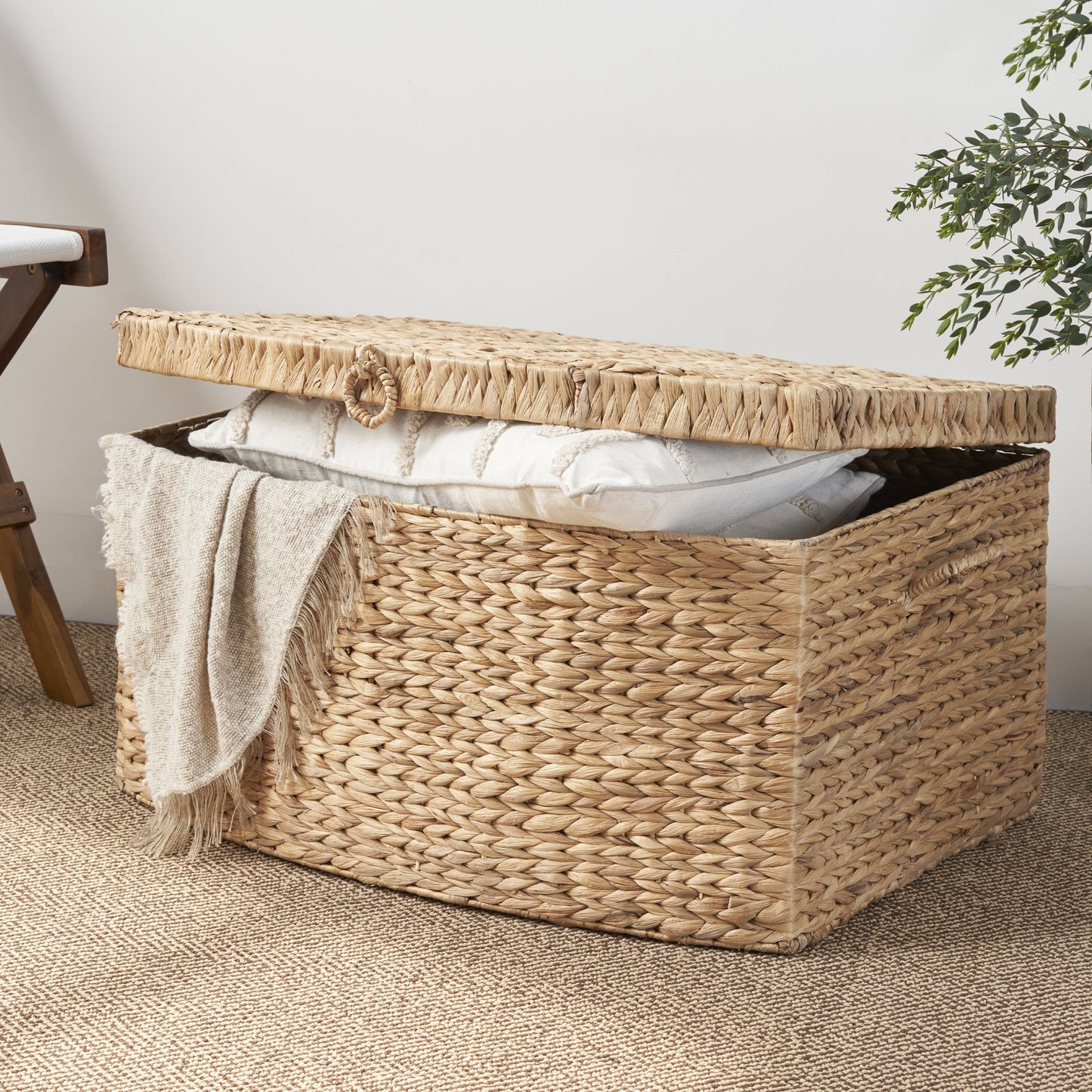Rectangular Curve Water Hyacinth Woven Wicker Trunk With Handles For Clothes Toys Magazines And Book Storage - Natural / Light Brown