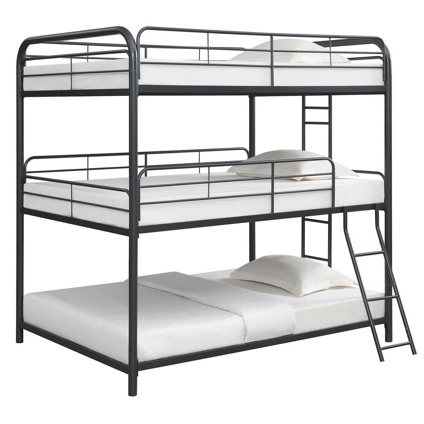 Triple Bunk Bed, Full Size With Sturdy Metal Frame And Safe Stairs - Black