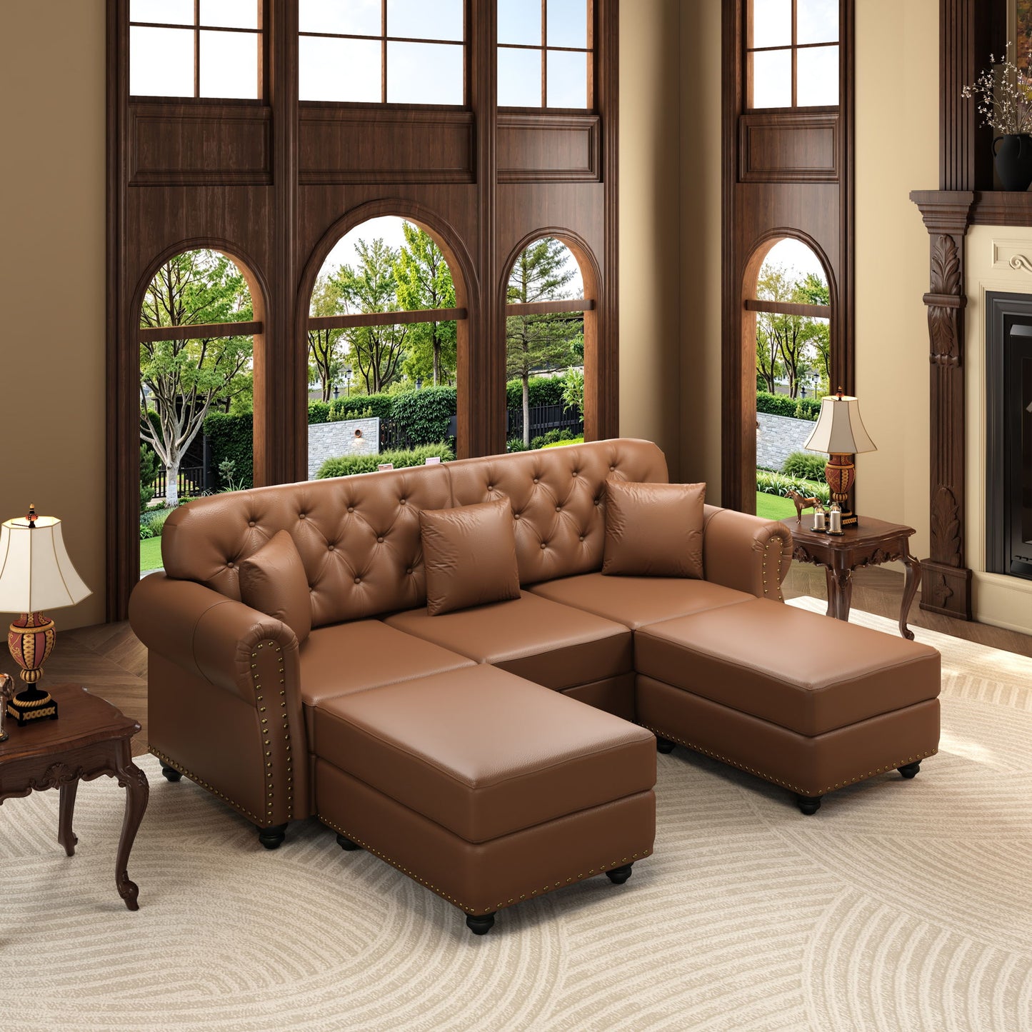 Upholstered Sofa With Nailhead Trim, Rolled Armrests With Ottoman