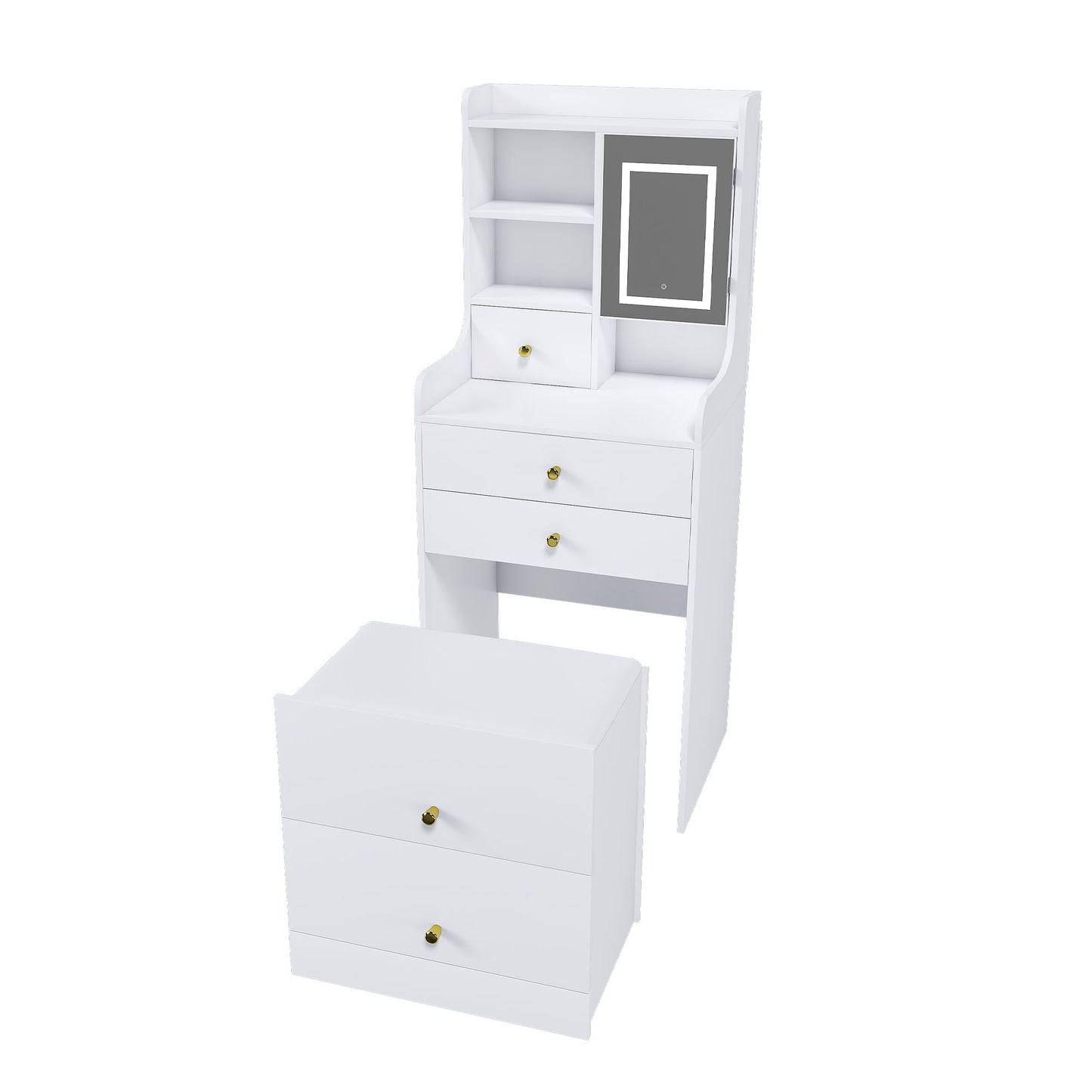 3 In 1 Dressing Table With LED Mirror & Storage Stool, Compact Makeup Vanity - White