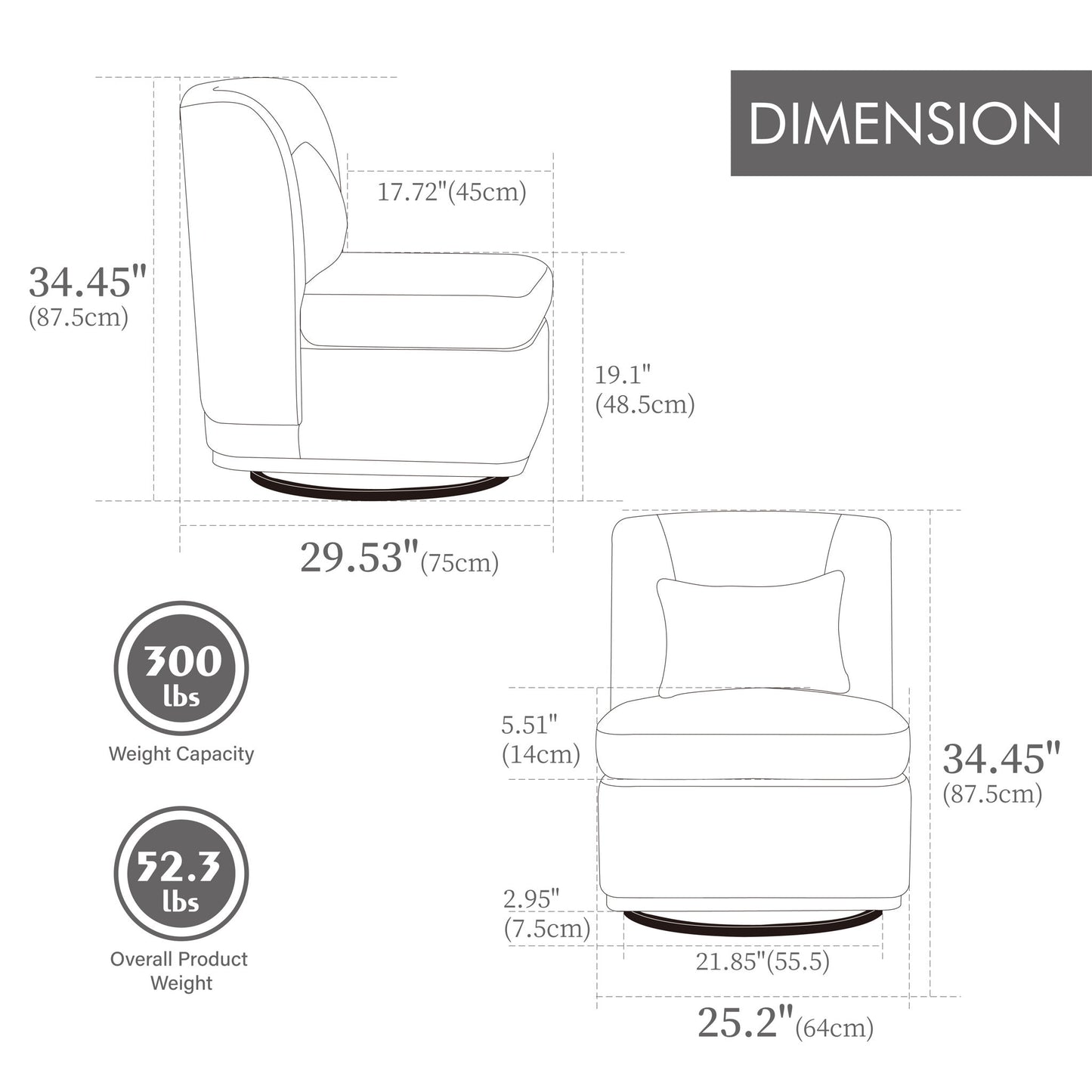 Wide Modern Chenille Cushioned Armless Metal Base 360° Swivel Chair With Pillow